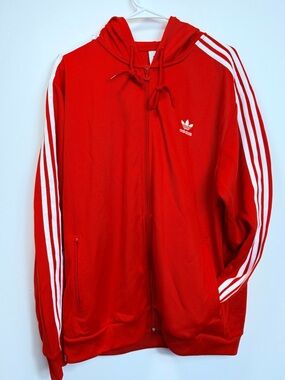 adidas Red Hoodie Track Jacket with White Stripes